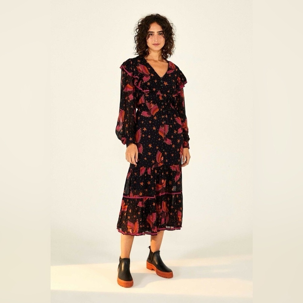 Farm Rio Black Macaws Maxi Dress Star Bird Printed Ruffle V Neck Midi